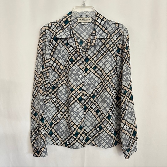 Vintage 90s DonnKenny Women's Diamond Abstract Print Shirt in Grey sz M - Picture 1 of 10